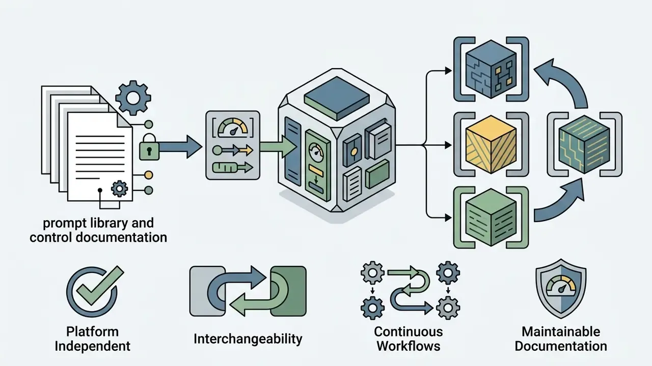 Prompt library feeding into a central processing cube that connects to multiple interchangeable model blocks