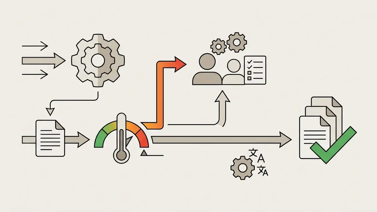 Inputs flowing through a gear and confidence gauge to human review checkpoints or final document output