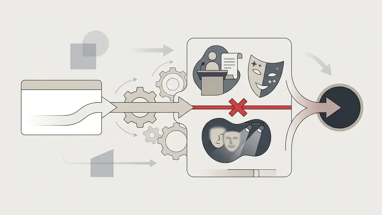 Data flow from a window through gears to a blocked path featuring a podium and theatrical masks