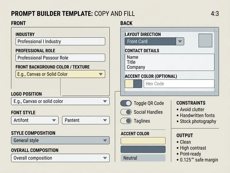 Digital form with input fields for customizing business card front and back design elements