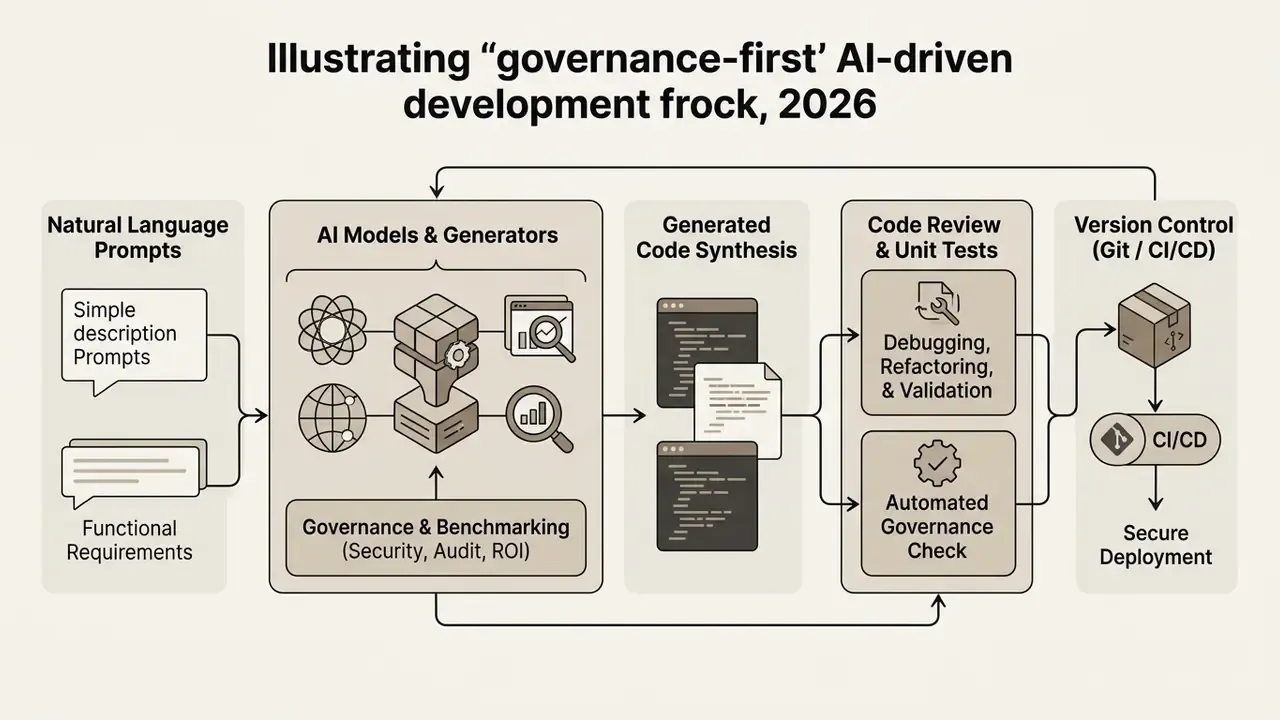 Diagram mapping the development lifecycle from natural language prompts through AI code generation to deployment