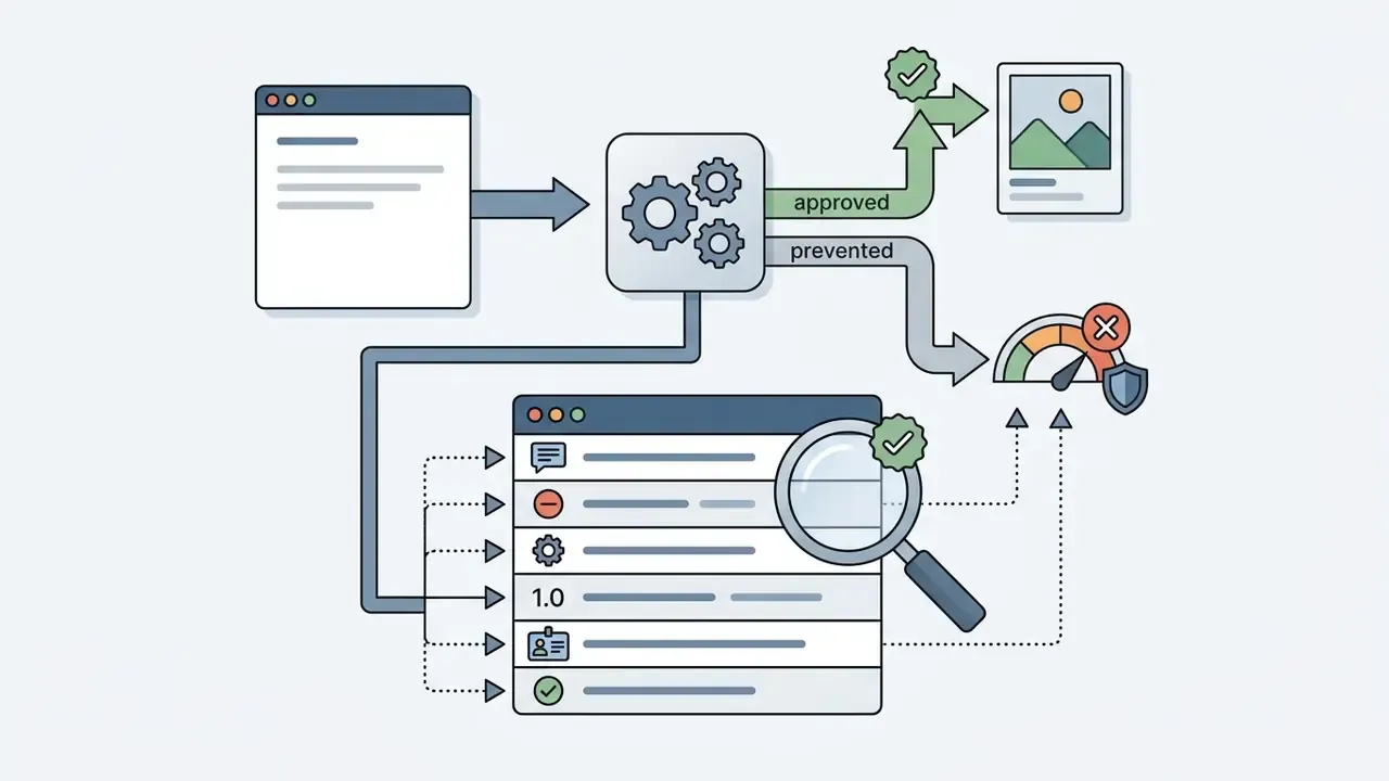 Processing pipeline showing text input routed to an audit log and filtered for approval or prevention