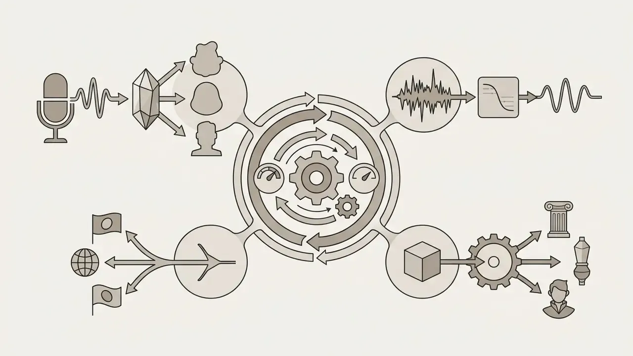Voice input processing through gear systems to map audio onto personas and environmental effects