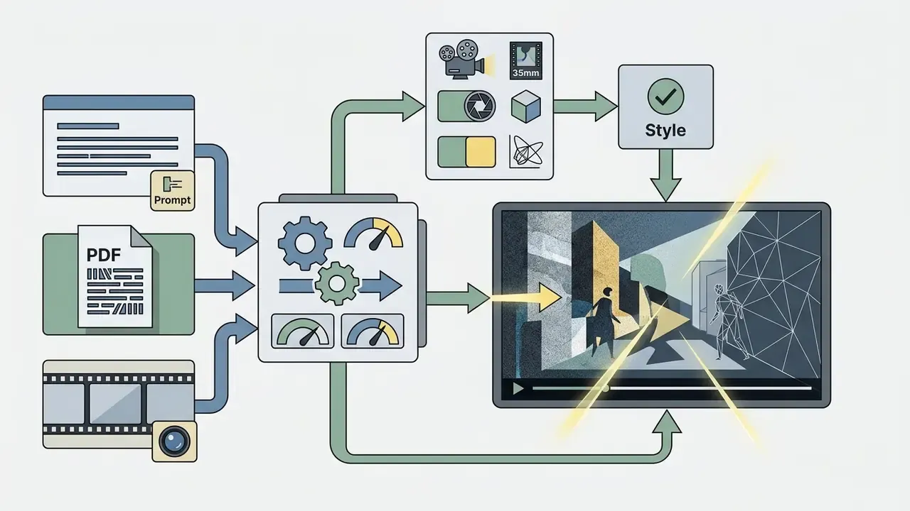 Input documents and film strips feeding into a gear processor that applies style settings to a video