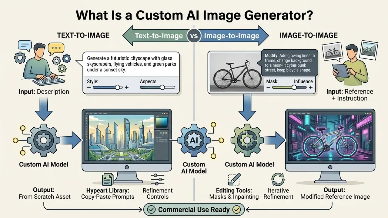Diagram comparing text-to-image creation with image-to-image editing using a custom AI image generator