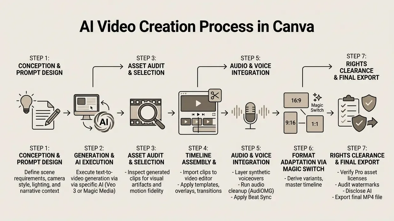 Linear seven-step workflow diagram detailing the production stages from prompt design to final video export