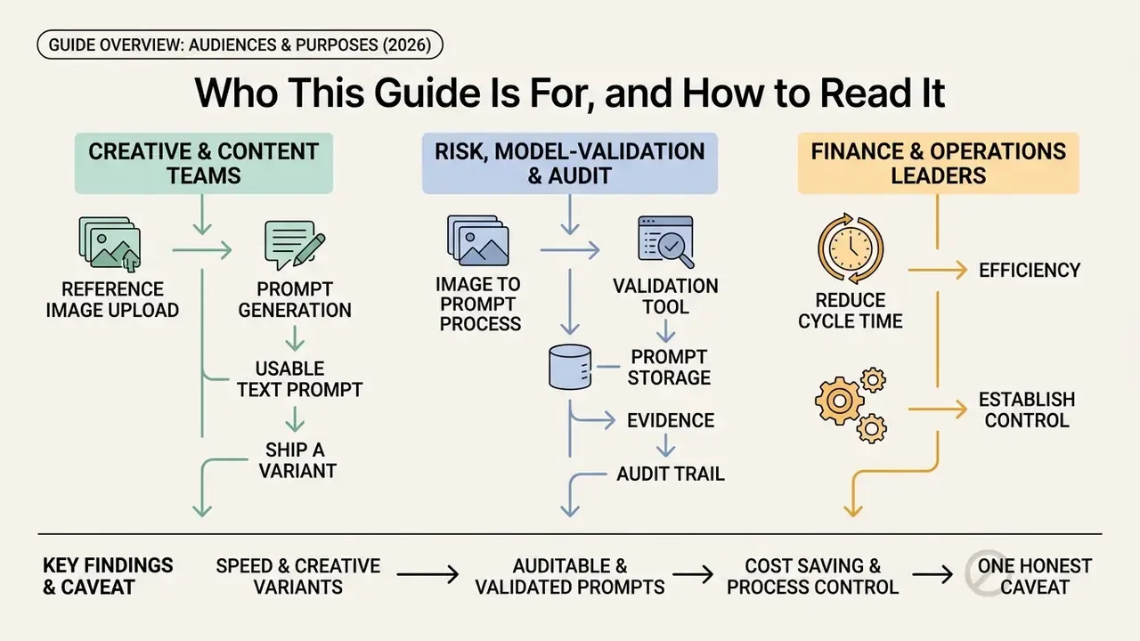 Infographic showing workflows for creative, audit, and finance teams using an image to AI prompt process