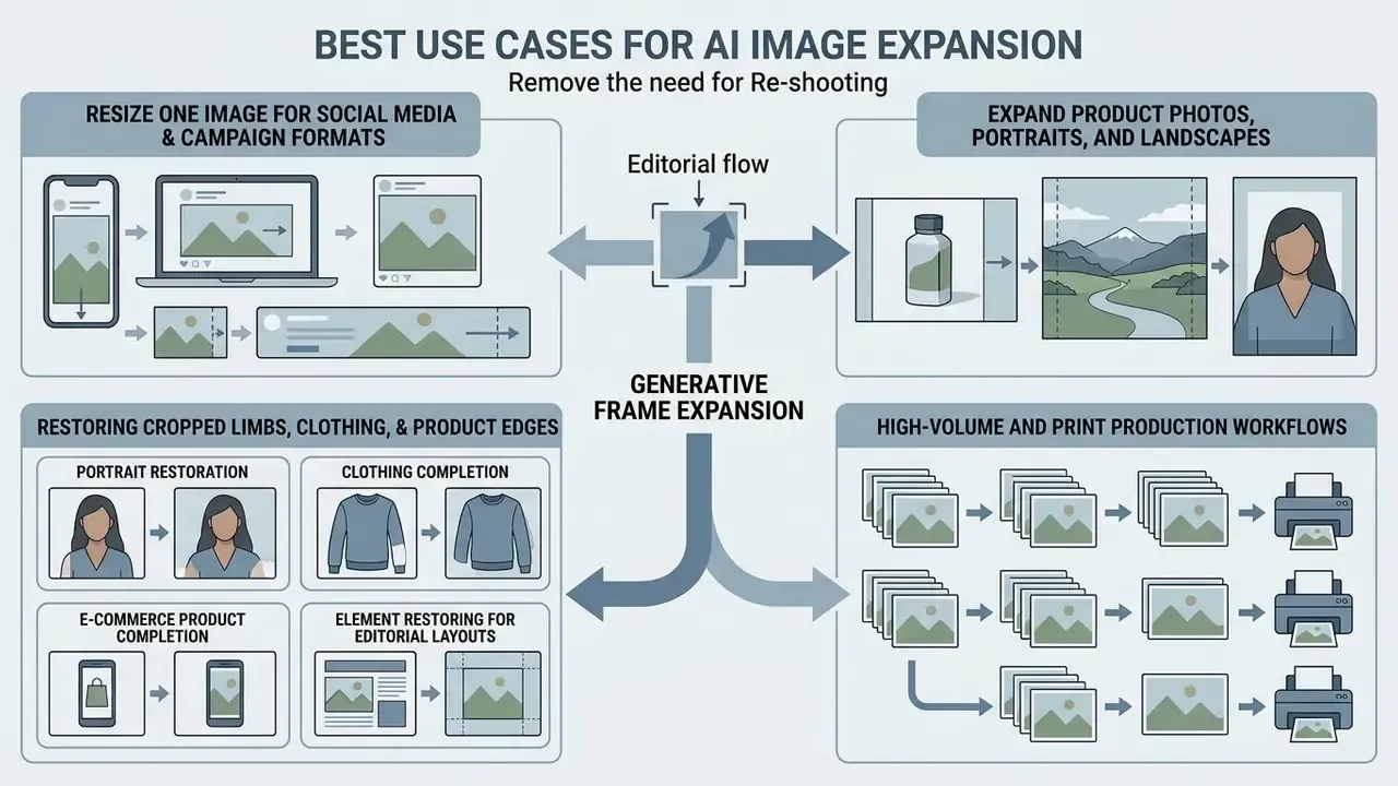 Diagram showing generative frame expansion applications for resizing, restoring, and print production