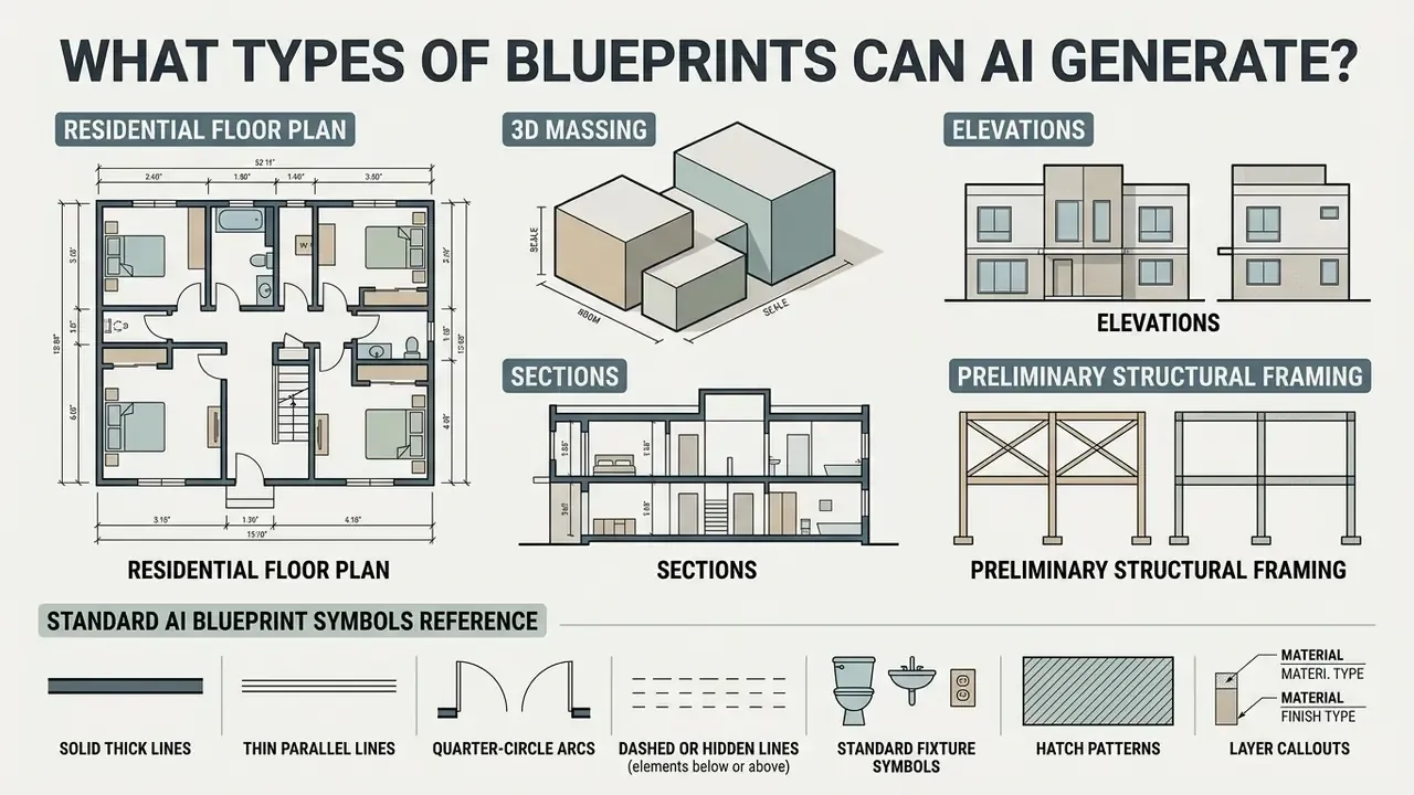 Infographic displaying architectural outputs like floor plans, 3D massing, and standard design symbols