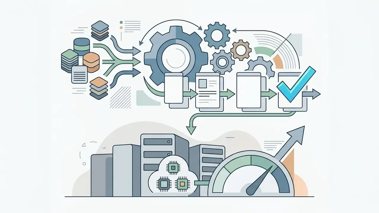 Data stacks feeding into a mechanical gear system that processes files into a server cluster with a gauge