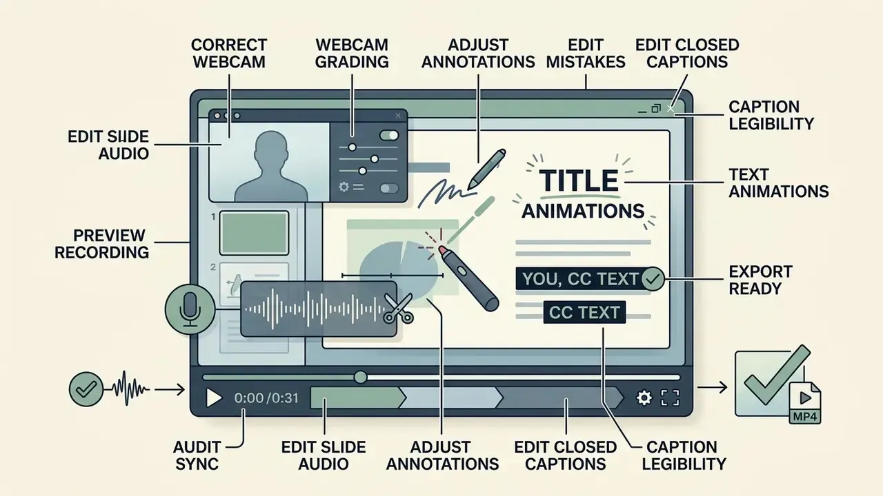 Annotated interface showing tools to edit audio, webcam footage, annotations, and captions in a presentation