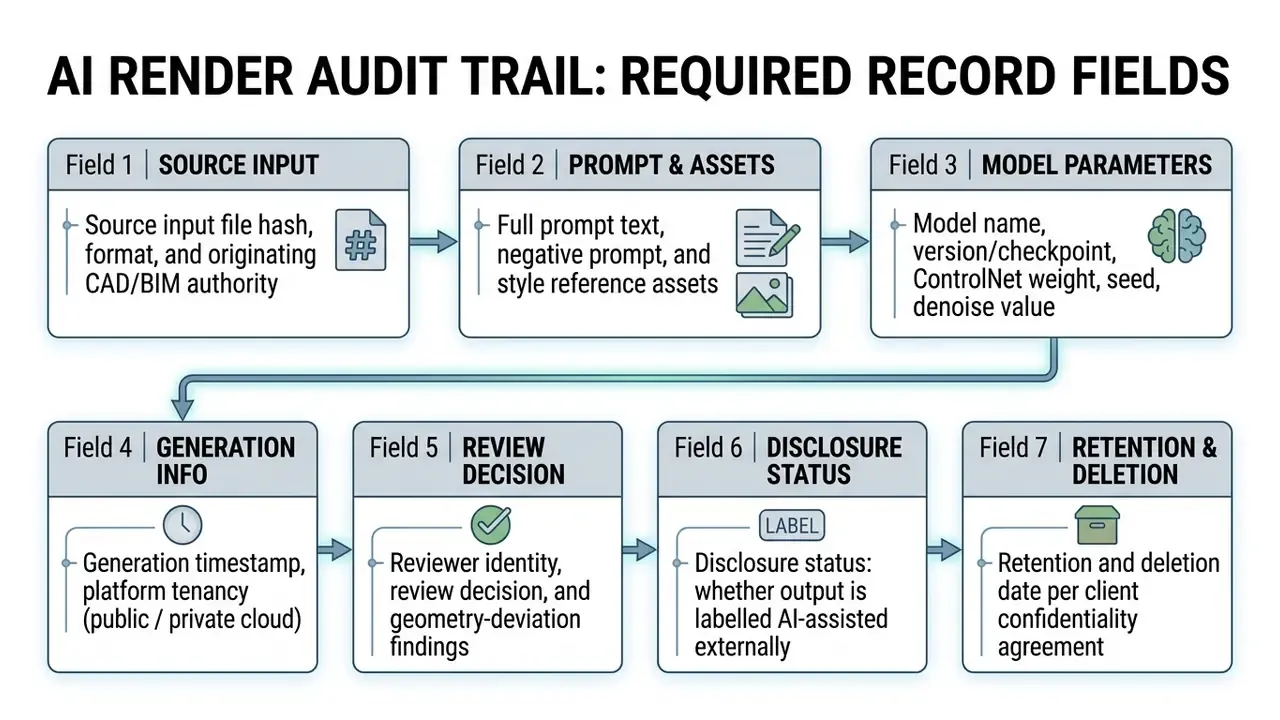 List of seven sequential data fields required for tracking architectural generation records