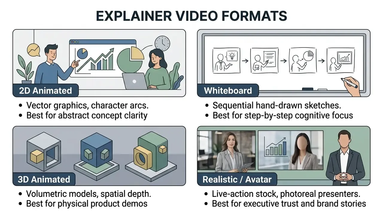 Four quadrants comparing 2D animation, whiteboard sketches, 3D models, and realistic video styles