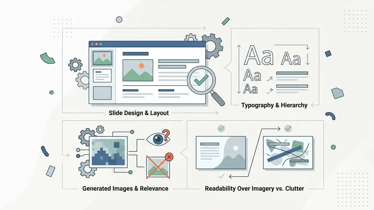 Diagram showing criteria for evaluating slide design, typography, image relevance, and visual clutter