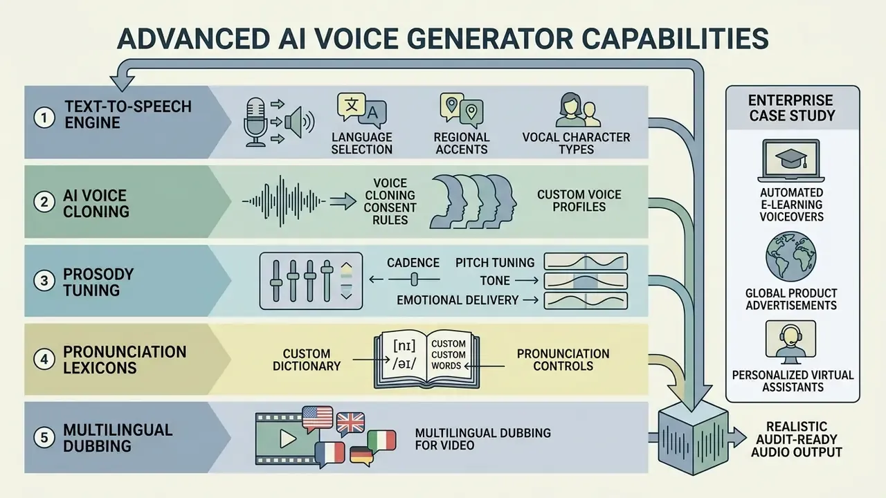 Infographic detailing five technical layers of an AI voice generator including cloning and prosody tuning