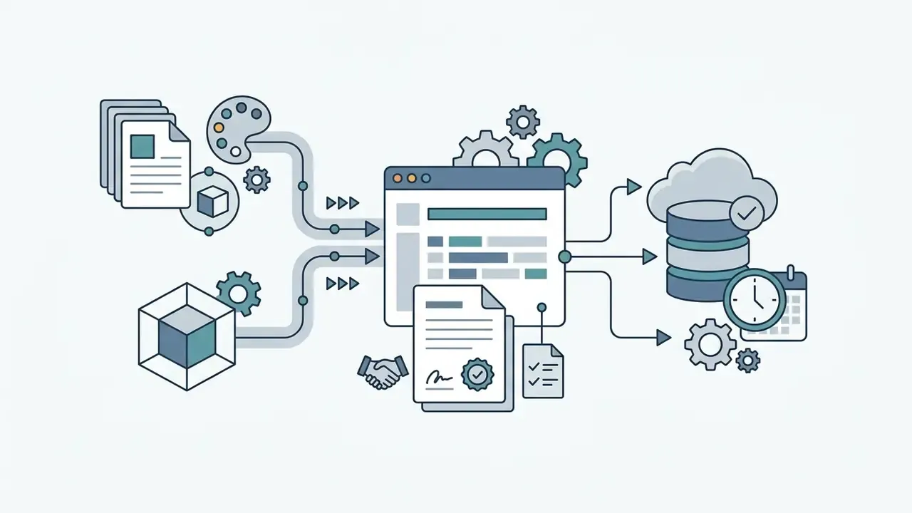 Icons representing design assets and 3D models being processed into a central system for cloud storage