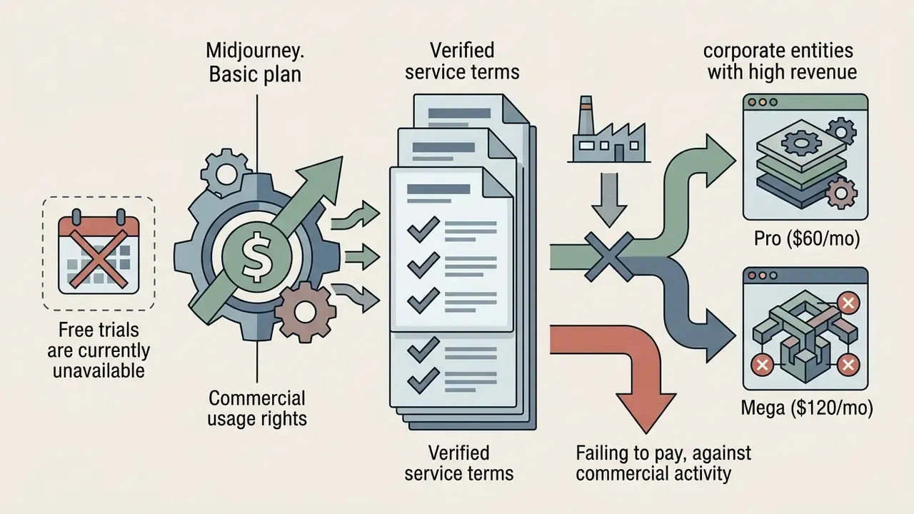 Gear and document icons flowing toward service terms and subscription tiers for commercial entities
