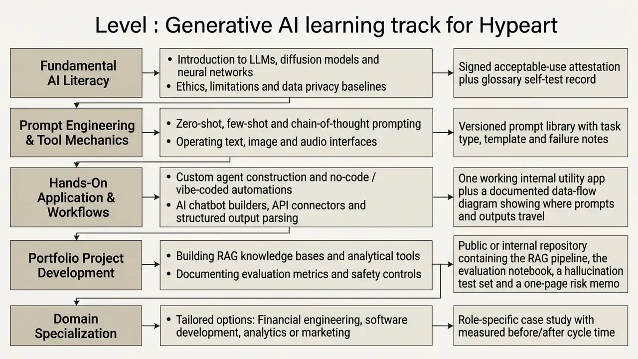 Sequential diagram mapping five stages of AI skill development to specific learning topics and deliverables