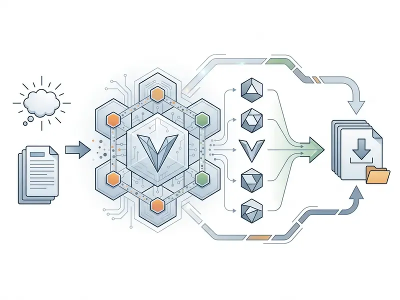 Conceptual diagram showing text prompts being processed into multiple vector variants for file export