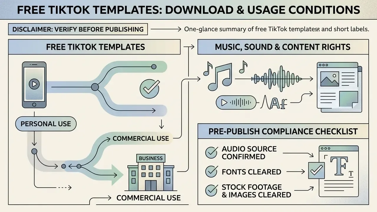 Diagram detailing usage rights for video assets, music licensing, and a pre-publish compliance checklist