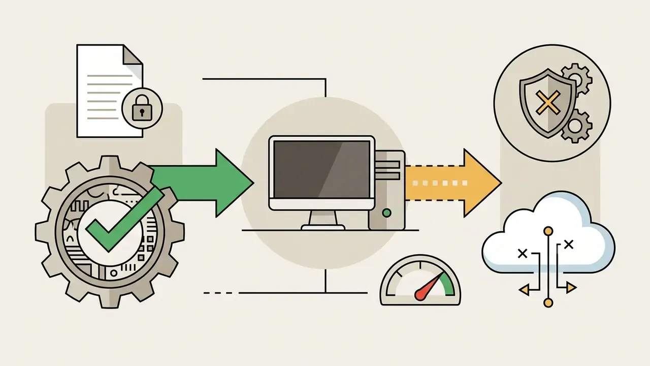 Diagram showing desktop computer processing secure files versus cloud-based data storage and security risks