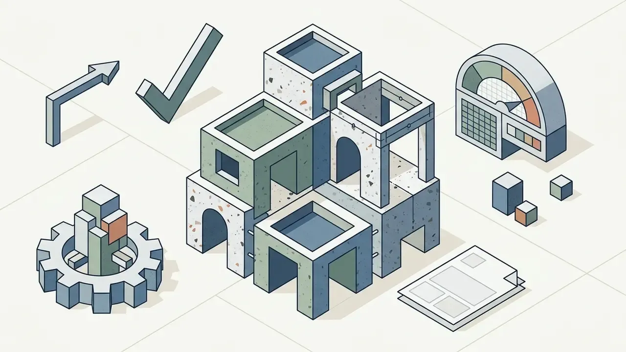 Isometric low-poly building with terrazzo textures surrounded by a gear, checkmark, and data gauges