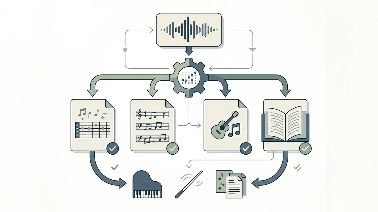 Diagram showing audio input processing into multiple music notation and tablature file formats