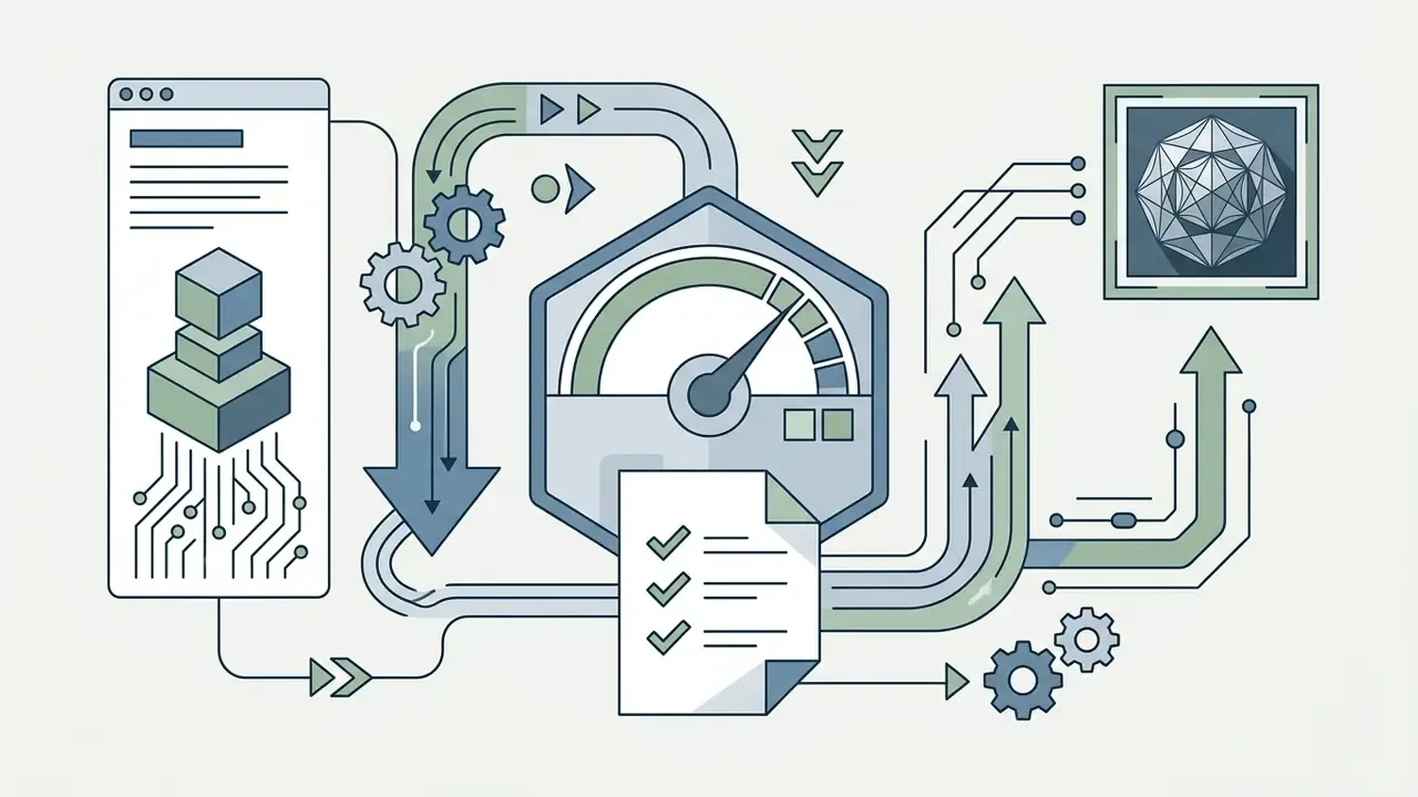 Data blocks flowing through a central processing hub to generate a geometric model and checklist