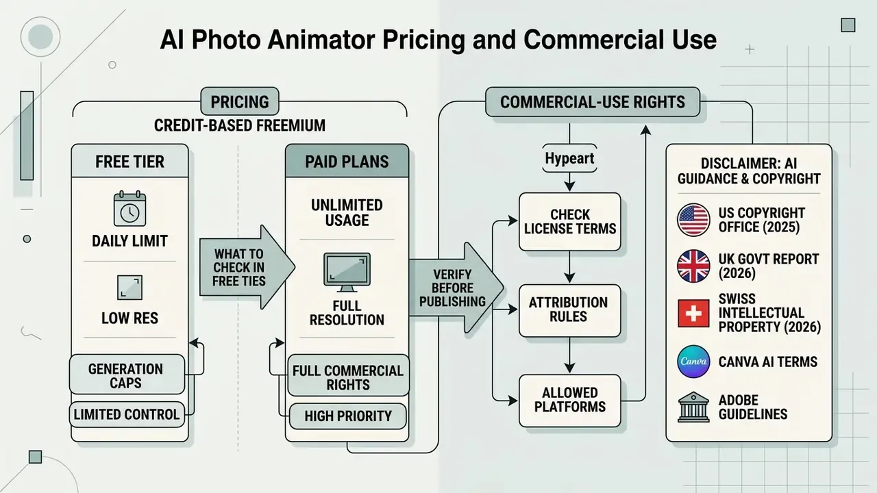 Comparison of freemium pricing tiers and legal requirements for commercial video generation rights