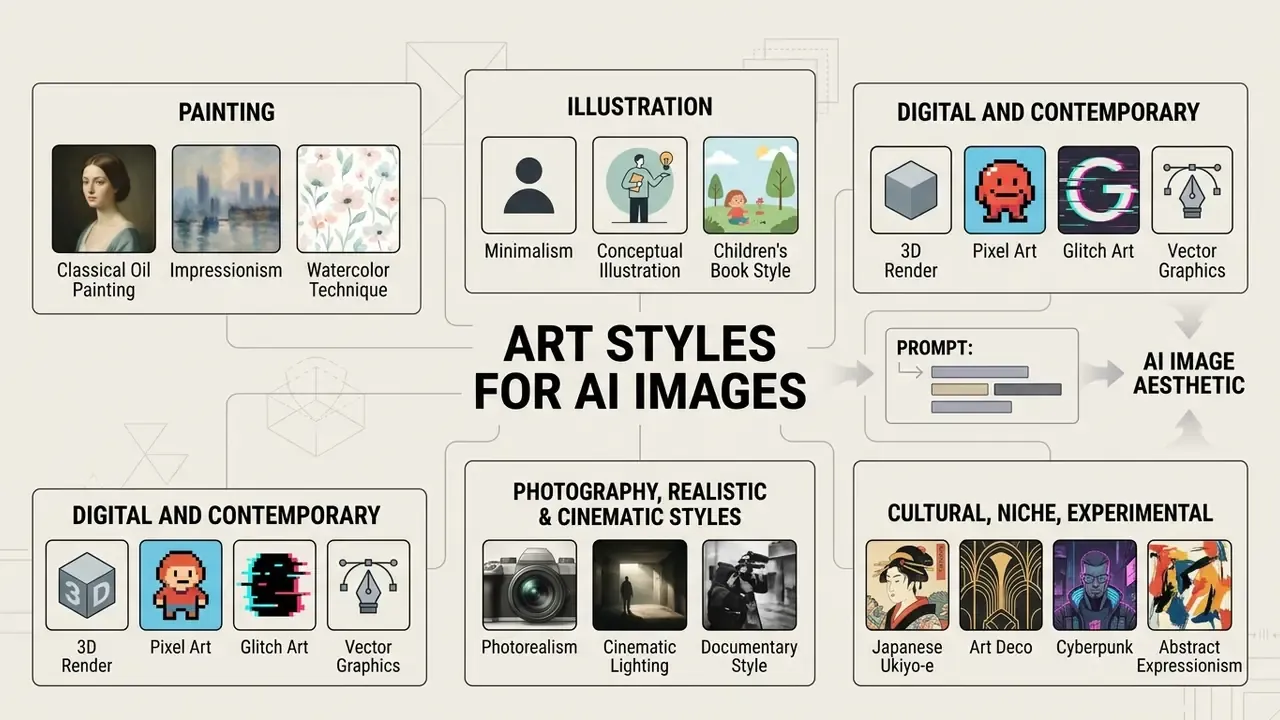 Categorized groups of visual aesthetics connecting to a central prompt box for generating image outputs