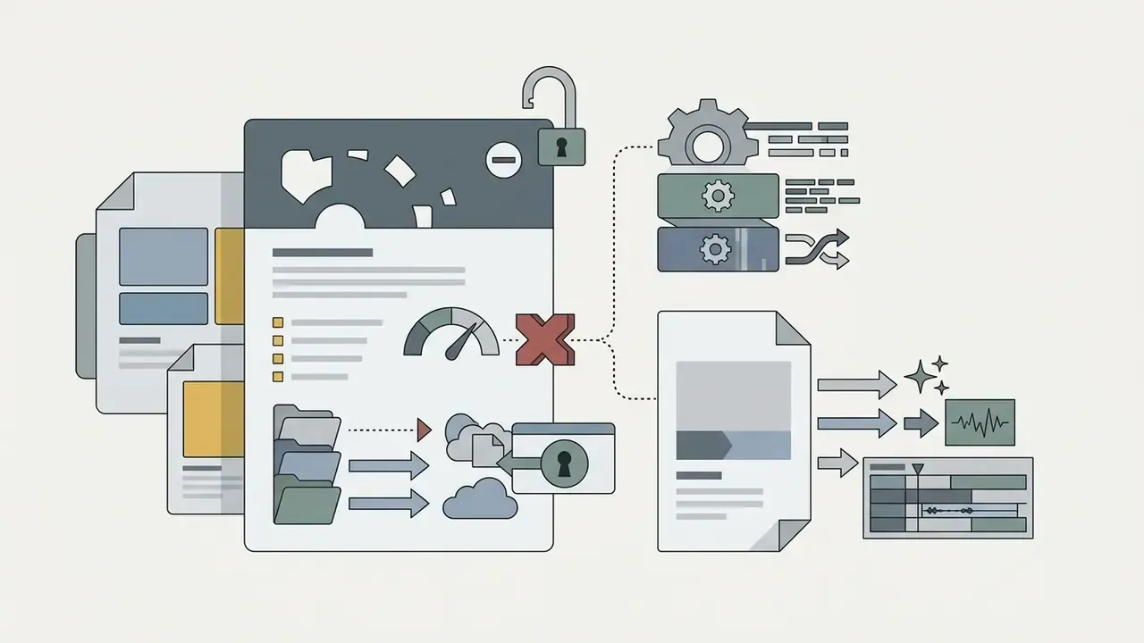 Document processing workflow showing cloud synchronization, locked premium features, and editing tools