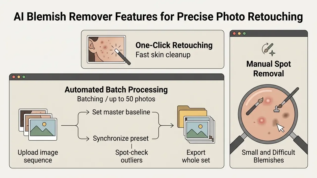 Diagram showing one-click retouching, automated batch processing for photos, and manual spot removal tools