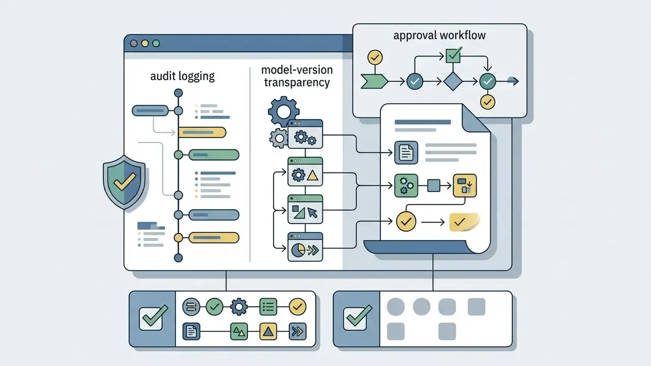 Dashboard displaying audit logging, model transparency, and approval workflow processes for data governance