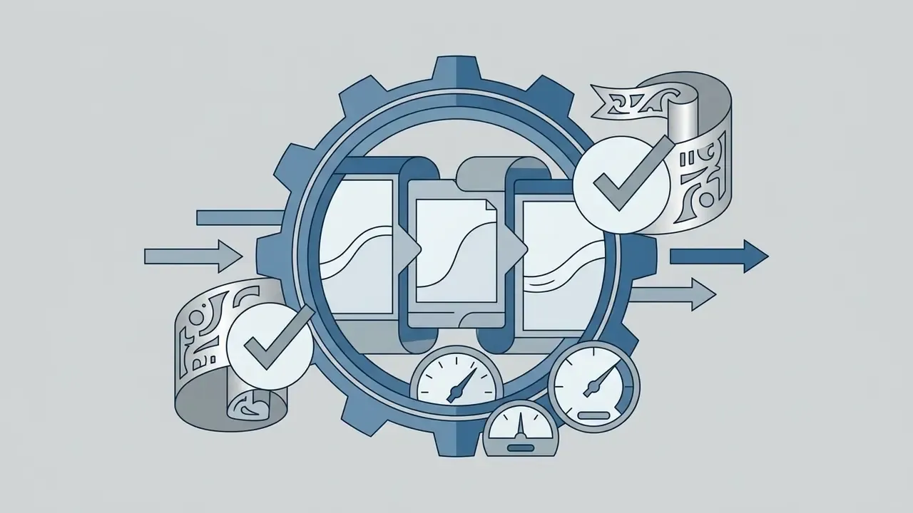 Documents passing through a large gear mechanism with checkmarks and gauges indicating processed output