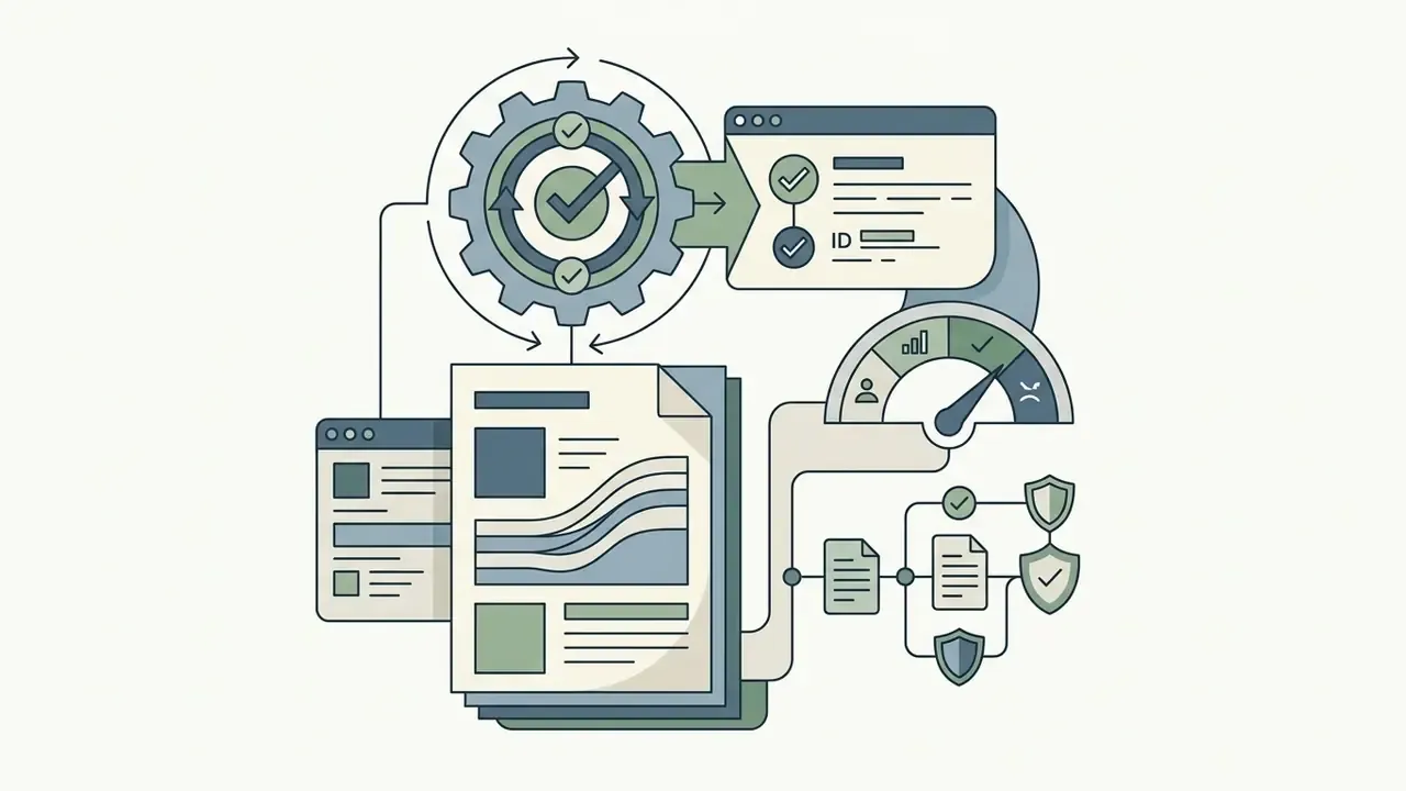 Documents and reviewer profiles passing through a gear mechanism to reach a gauge and security shields