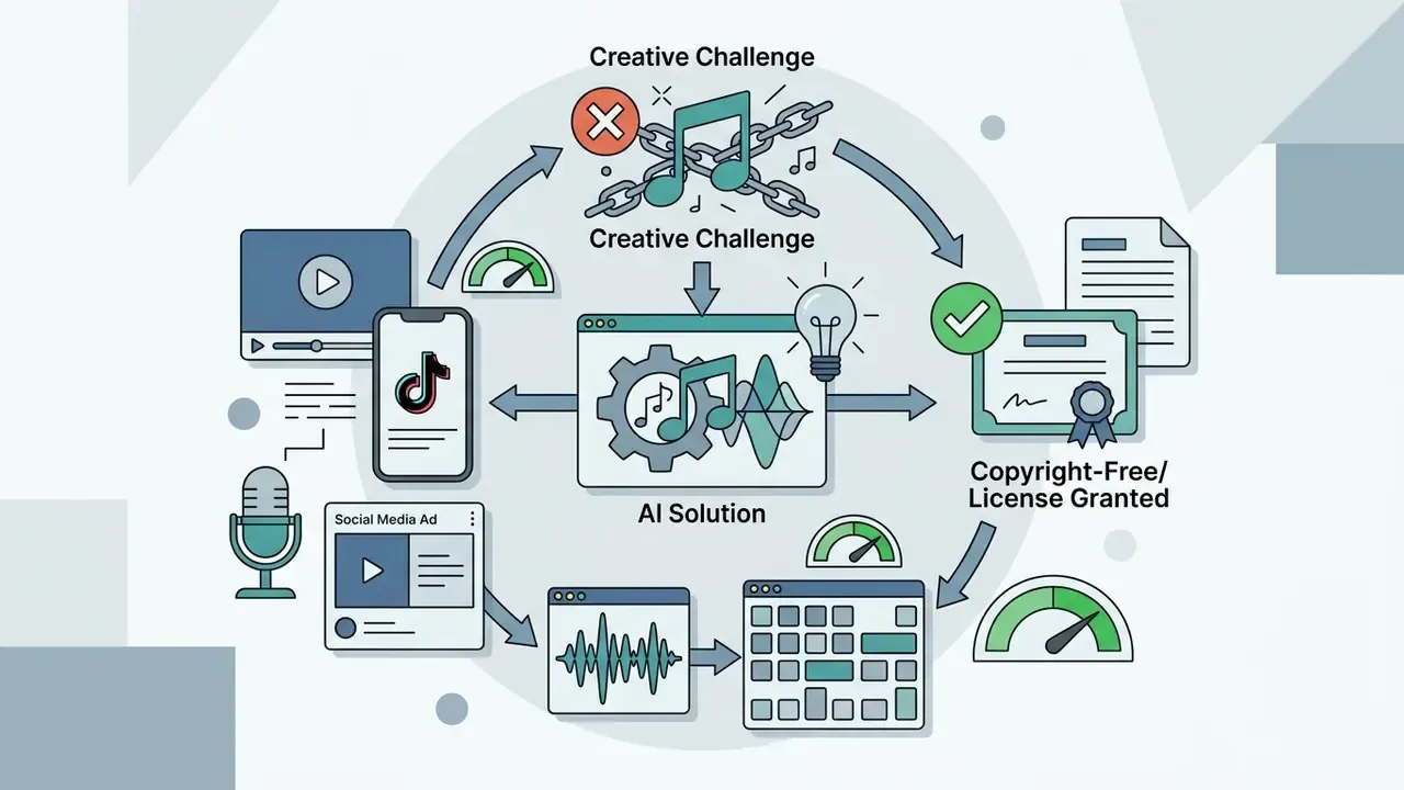 Circular diagram showing how software resolves copyright issues for music used in digital media projects
