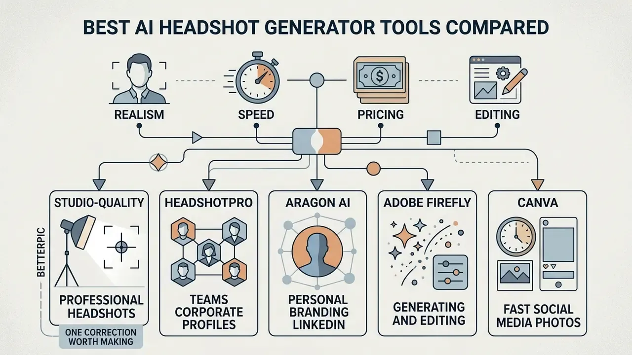 Infographic diagram mapping key criteria like speed and pricing to various AI headshot generator tools