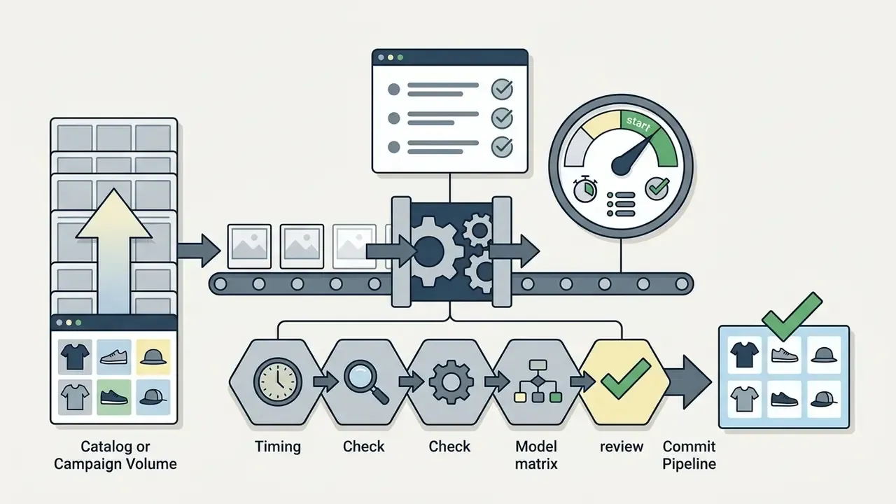 Process showing bulk image processing with a conveyor belt, speed gauge, and a multi-step review workflow