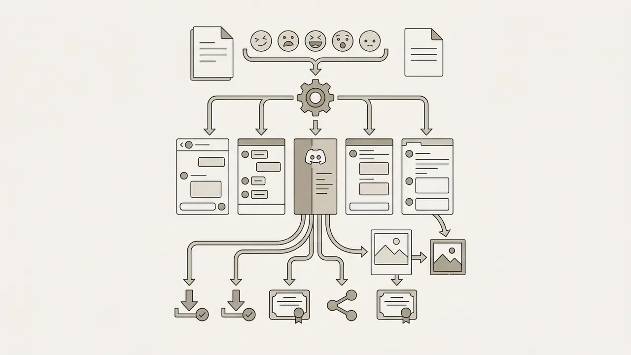Emoji reactions flowing through a central gear into messaging interfaces and final image outputs