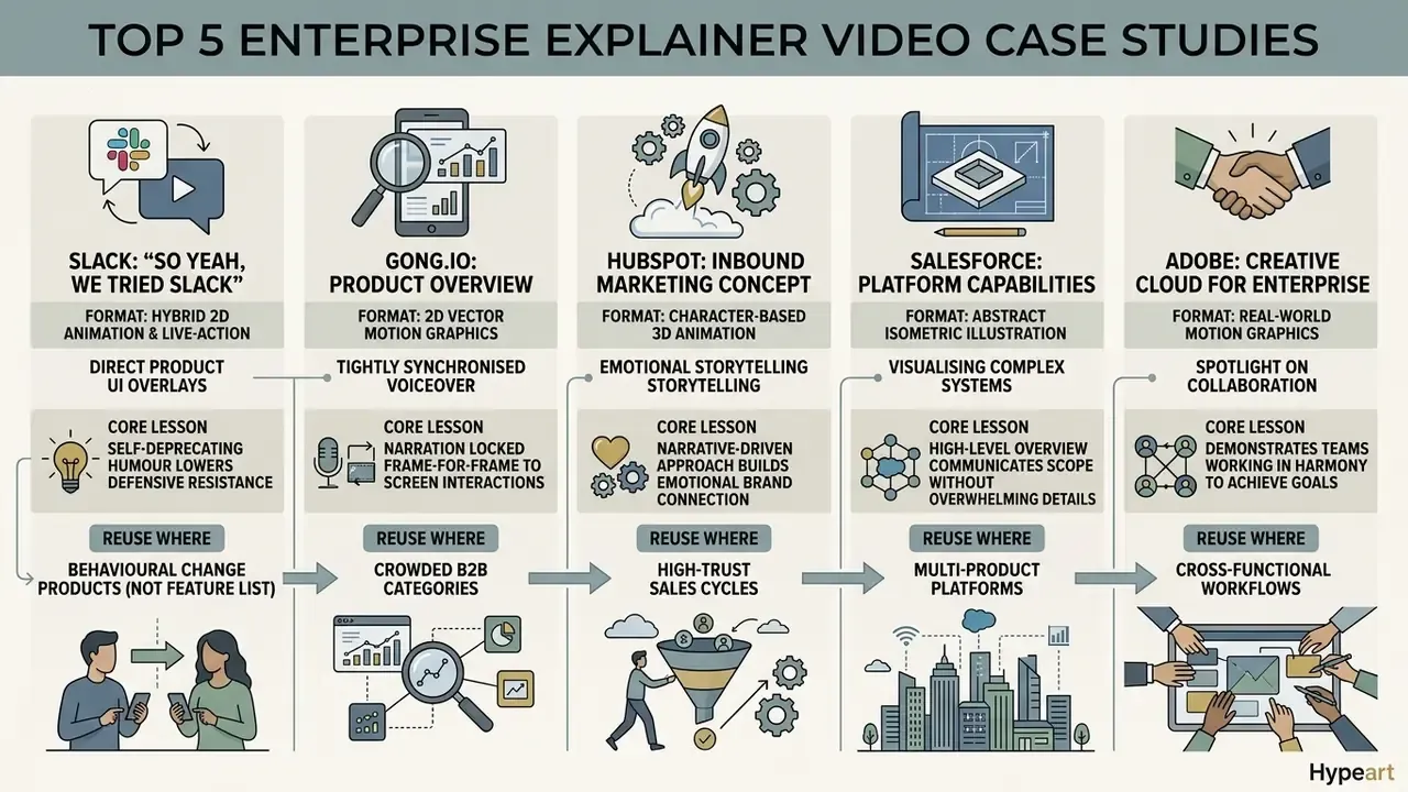 Comparative table detailing five enterprise explainer video strategies with key lessons and use cases