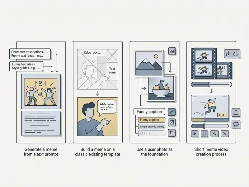 Four panel diagram showing methods for creating funny AI memes through prompts, templates, photos, and video