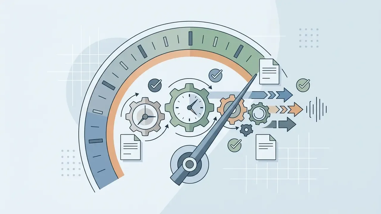 Clock gears and documents moving through a speed gauge to produce finalized audio waveform data