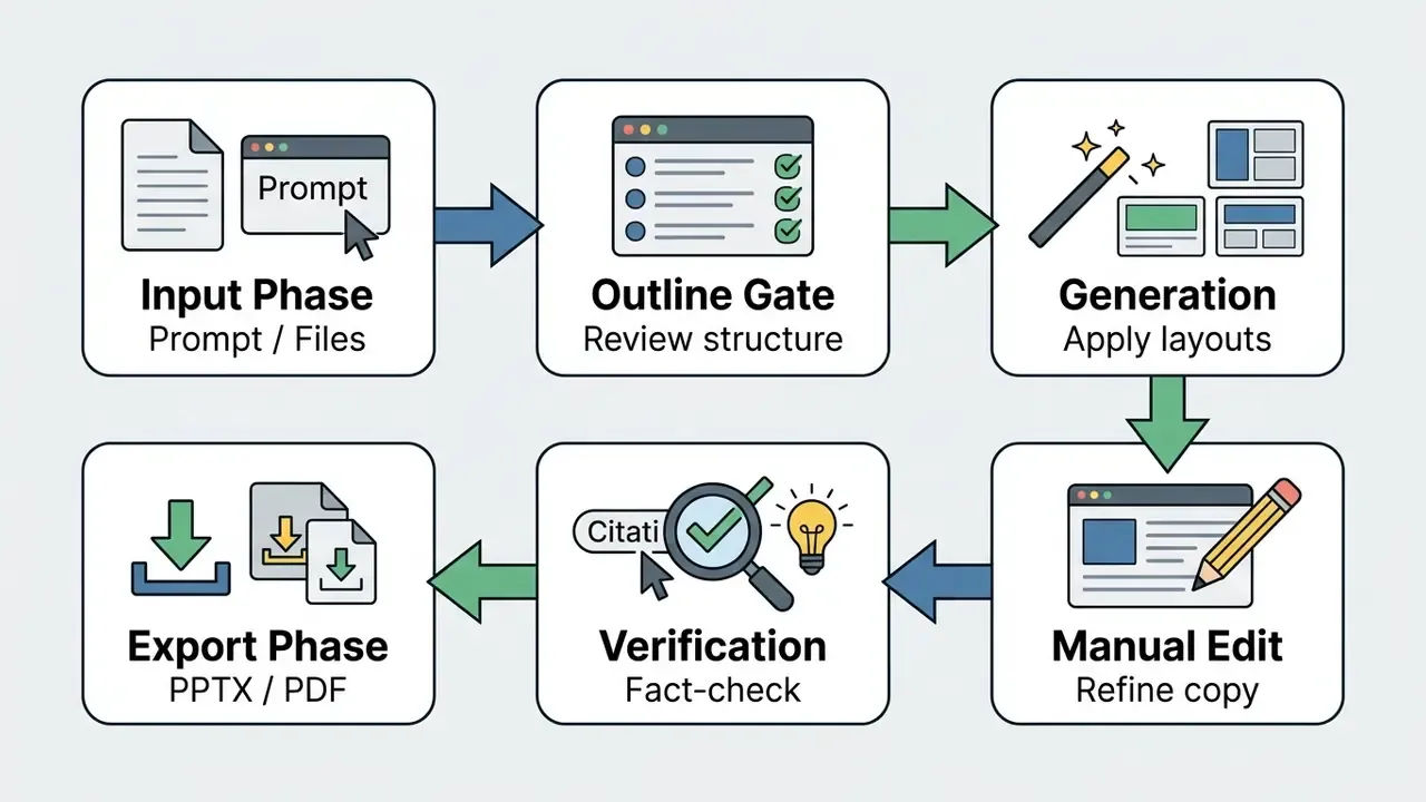 Six sequential steps for creating presentations ranging from initial input to final file export