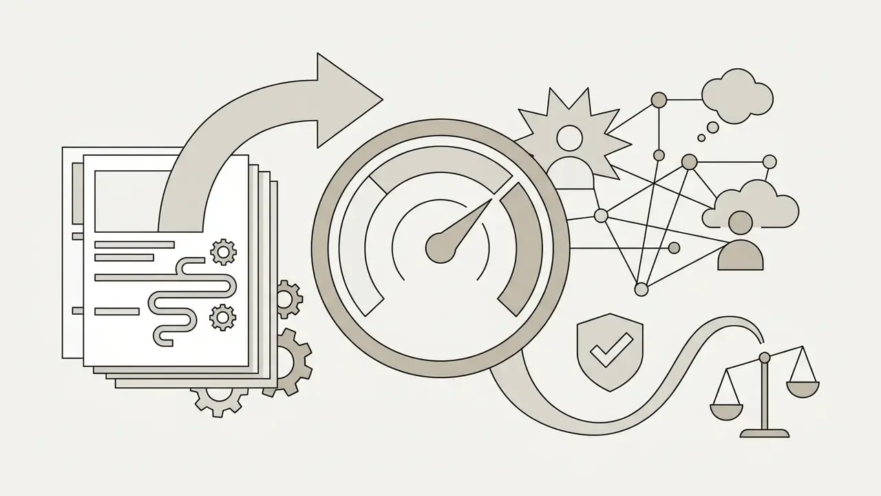 Documents and gears feeding into a gauge that connects to network nodes, a shield, and a balance scale