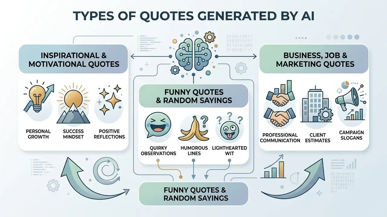 Central brain icon connecting categories for inspirational, business, and humorous text output