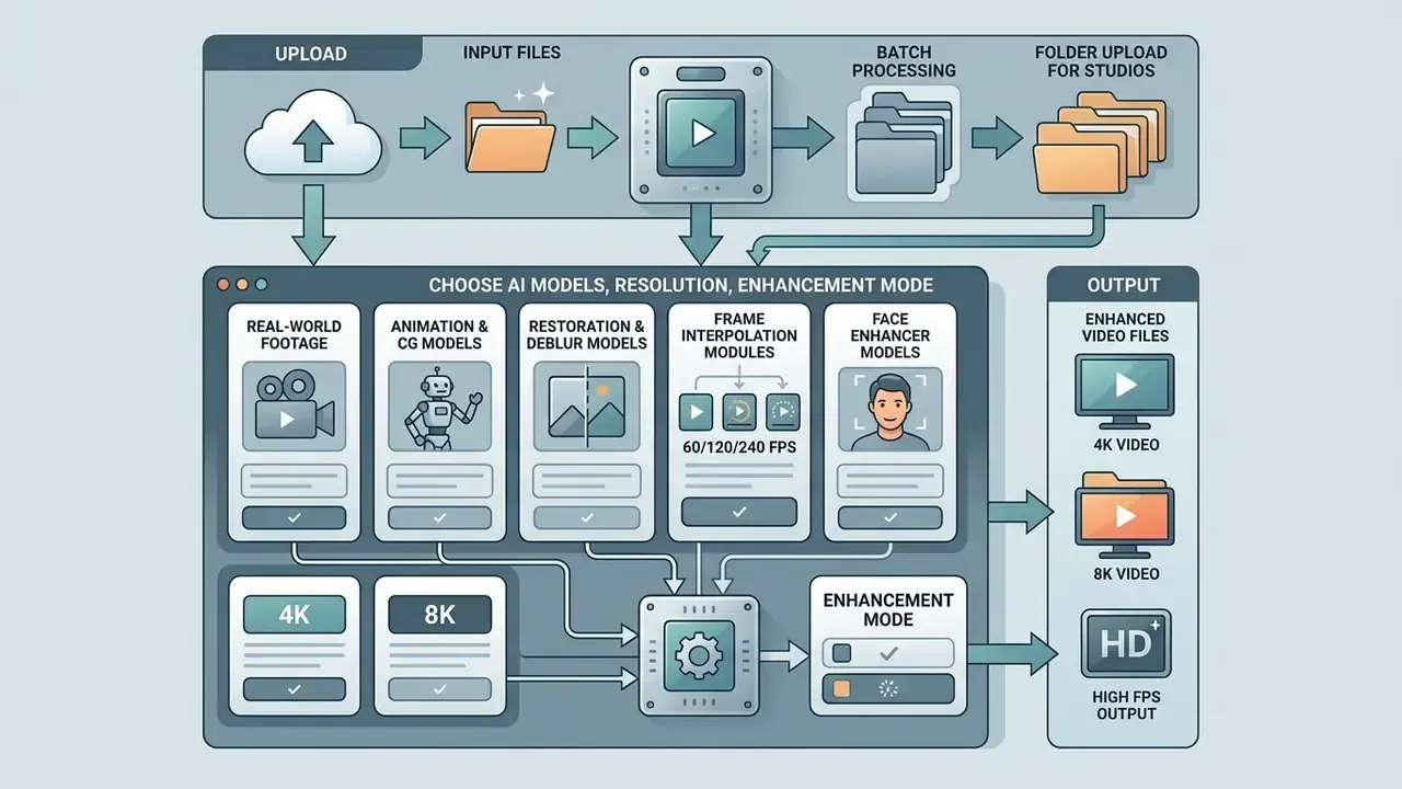 Diagram illustrating the workflow of uploading video files, selecting AI models, and generating outputs