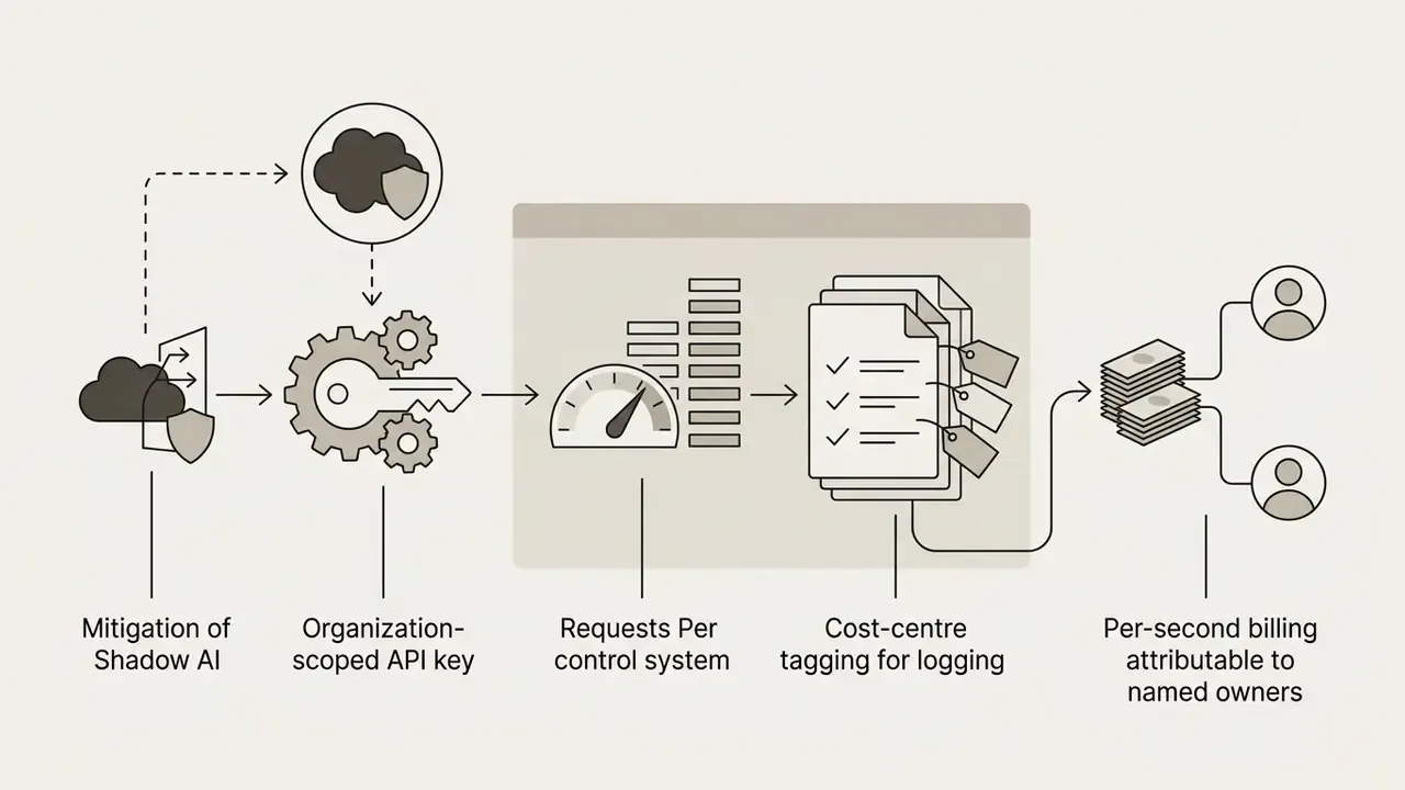 Process flow from Shadow AI mitigation and API keys to request monitoring, cost tagging, and user billing