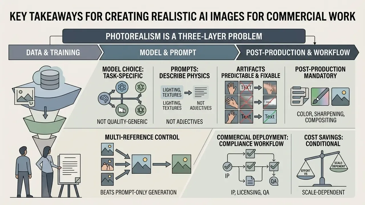 Infographic outlining the three-layer workflow for producing realistic AI images for commercial use