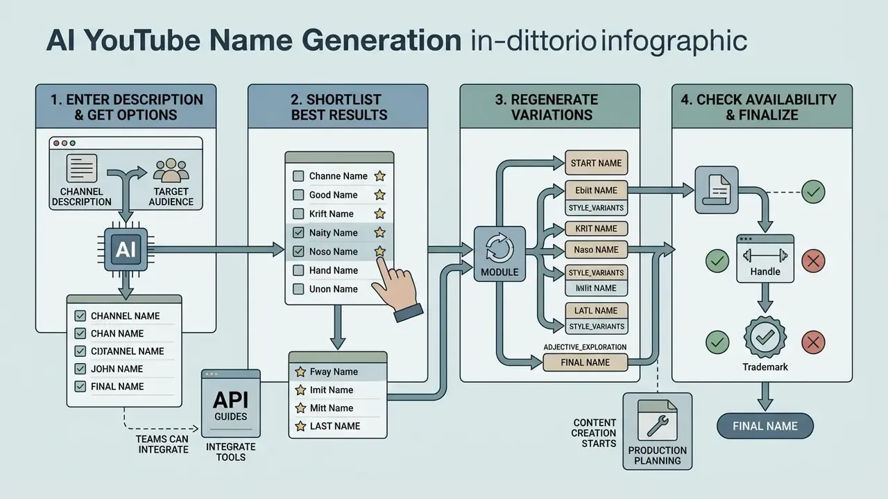 Four-step process diagram showing how to input descriptions, shortlist results, and verify final names