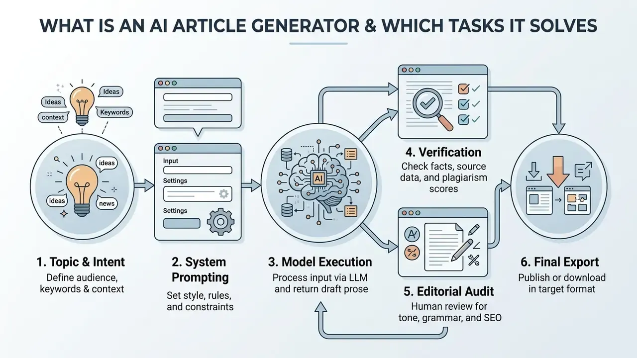 Flowchart depicting the six steps of an AI article generator workflow from topic selection to final export